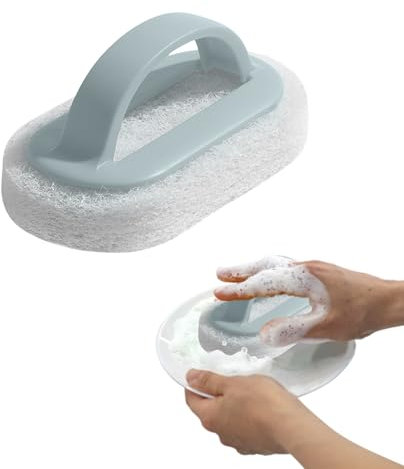 Paquete de 4 estropajos con mango, cepillo de fregar fuerte, esponja de limpieza reutilizable con mango para azulejos de ducha, bañera, fregadero (azul)