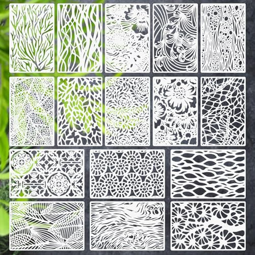 BUZIFU 16 PCS Plantillas Hojas para Pintar, Plantillas Reutilizables Manualidades, Plantilla para Pintar Paredes, Plantilla para Manualidades, Pintura en Madera, Muebles y Hogar