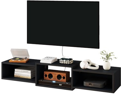 IBUYKE Supporto TV galleggiante da parete, mobile TV in legno, mensola per console multimediale, mobile mobile per TV sotto la TV, per soggiorno, camera da letto, ufficio, nero WST013B