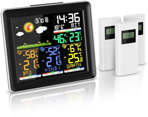 Brandson - Wetterstation Funk mit Außensensor - Farbdisplay - DCF Empfangssignal Funkuhr - Innen und Außentemperatur - Wettervorhersage - Temperatur Luftfeuchtigkeit Luftdruck - 3 x Außensensor