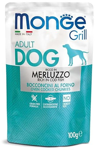 Monge Grill Bocconcini Ricco in Merluzzo per Cani Adulti, Senza Cereali, 100g, 12 bustine