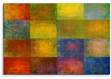 120x80cm Leinwandbild auf Keilrahmen Geometrie Quadrate gelb blau rot grün braun Wandbild auf Leinwand als Panorama