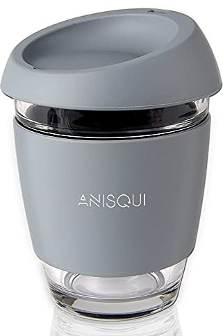 AniSqui Taza de café de Cristal Reutilizable (350ml, sin BPA, Tapa de Silicona)