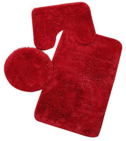 yiguanguan 3 Stück rutschfest Ständer Badematten Set Badvorleger Duschmatte Badgarnitur Duschvorleger Weiches Teppich WC Vorleger (Rot, OneSize)