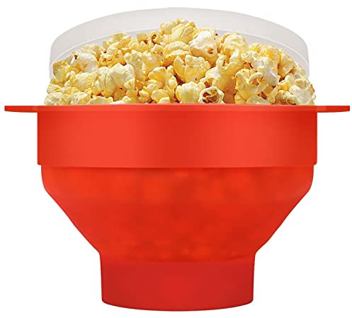 Flexzion Silicone Microwave Popcorn Popper BPA Free Collapsible Popcorn Bowl Microwavable Pop Corn Maker with Lid and Handle Dishwasher Safe Silicon Bucket for Parties and Movie Nights, Red