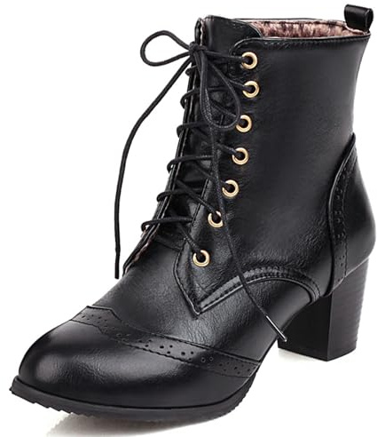 UniqueStride Women's Brogue Ankle Boots Lace Up Ankle Bootie with Chunky Block Heel Round Toe Shoes (Black,US size 7)