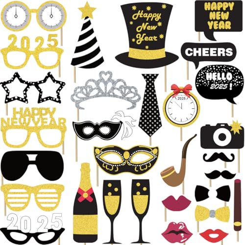 Silvester Deko 2026 – 30 Fotorequisiten für Neujahr Silvesterdeko, Dekoration Set mit Photo Booth Props Fotoaccessoires Silvesterparty