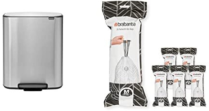 Brabantia Bo Pedal Bin - 1 x 60L Inner Bucket (Matt Steel FPP) Waste/Recycling Kitchen Bin + M Liners Multipack Box (120 rolls)