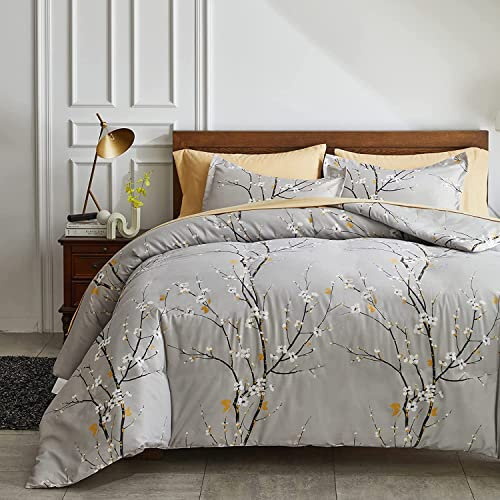 Lanqinglv Bettdecke 135x200 Ganzjahresdecke 4 Jahreszeiten,Grau Weiß Blätter Blumenmuster Steppdecke für Allergiker Zudecke Schlafdecke Duvet 135x200cm mit 1 Kissenbezug 80x80cm