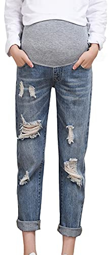 LZPCarra Graviditetsbyxor jeans: mammabyxor jeans stretch graviditetsbyxor för kvinnor jeansbyxor distressed-mammajeans med magband mammaleggings sommar mammajeans mammamode, blå, M