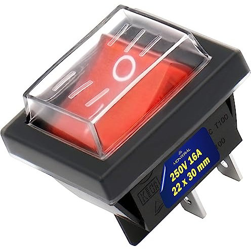 Schalter Zweipolig Rot Leuchtend und Abdeckung zum Schutz 250V 16A 22 x 30 mm Schwarzes Gehäuse Garantie 10 Jahre - MONTERAL