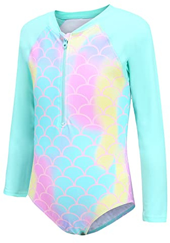Aisyee Maillot de Bain Fille Manches Longues Rashguard Maillot de Bain Enfant Fille 1 Piece Anti UV Protection Solaire 9 10 Ans
