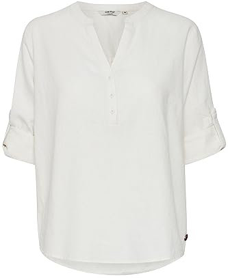 OXMO OXANJA Damen Tunika Bluse Langarm Klassische Leinenbluse mit V-Ausschnitt und Knöpfen Regular Fit und Knöpfbare Ärmel, Größe:38, Farbe:Off White (114800)