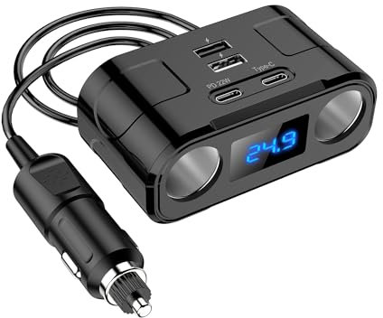 L12CS 12V/24V Auto Ladegerät – 2-Port USB Typ C PD 22W, 2 USB Ports, LED Kfz-Handyladegerät Adapter mit QuickCharge 3.0 und Voltmeter
