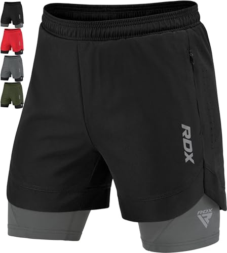 RDX Pantalones Cortos para Correr Hombre, Corto Deporte Compresión Transpirable con 2 Cremallera y 2 Bolsillos para Teléfono, De Secado Rápido Gym Verano Shorts para Entrenamiento, Trotar, Ciclismo
