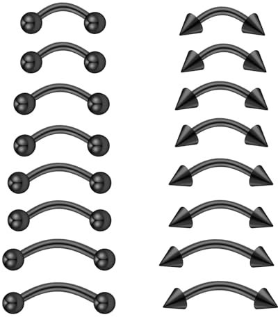 VIDSTW 16 Stück Piercing Set 6/8/10/12mm Edelstahl Augenbrauen Piercing, Lippenpiercing Körper Piercing, Pircingssets Ohr Gebogenes Stabdesign, für Nase Ohren Lippen Augenbrauen (Schwarz)