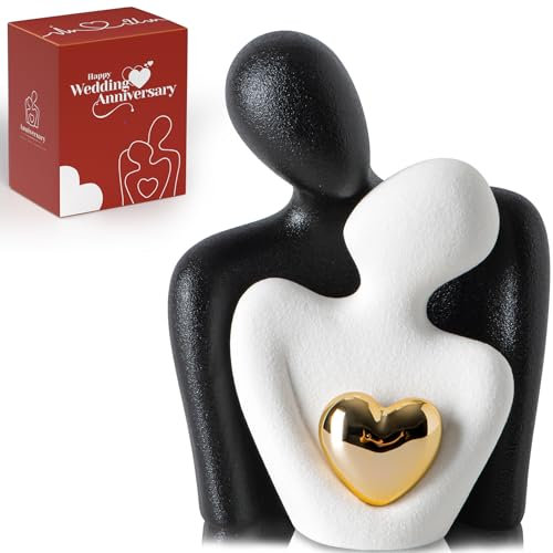 Coppia di Innamorati Statua, Romantica Scultura Moderna Dorato Cuore Design - Statuette Decorative Casa, Soprammobili Moderni, Regalo Sposi, Arredo Moderno - Regalo Anniversario Matrimonio Figure