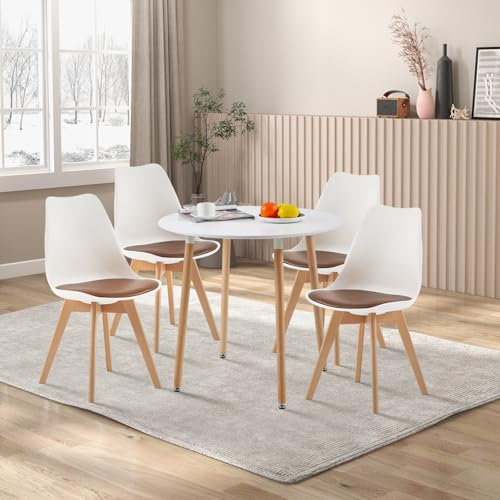 FURNITABLE Matrumsgrupp, matbord med 4 stolar, matgrupper, runt köksbord och matstolar för vardagsrum, kök, kontor (vitt bord + 4 vita och bruna stol)