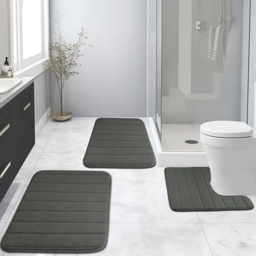 NAKIHOUSE Memory Foam Bath Mat Set - 3 Piece Non-Slip Bathroom Rug With Absorbent Water Design (Gray, 40*60 + U50*50 + 50*80cm)