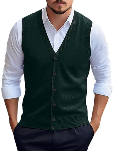 Gilet da uomo in maglia con bottoni, slim fit, con scollo a V, senza maniche, morbido misto lana, gilet casual, leggero e traspirante, ideale per ufficio, golf e uso quotidiano, Verde, XXL