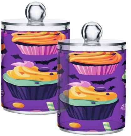 JUMBEAR Paquete de 2 soportes de algodón acrílico para tartas de caramelos de Halloween, frascos de boticario, bolas de algodón de plástico, soporte para bolas de hisopo de algodón, cajas de