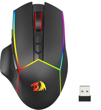 Redragon Ratón inalámbrico para videojuegos, 2,4 G/USB-C/Bluetooth, ergonómico, 8000 DPI, luz trasera RGB, totalmente programable, recargable, ratón inalámbrico para ordenador portátil, PC Mac, M814
