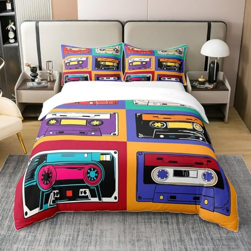 Erosebridal 100% Cotton Retro Cassette Duvet Cover King,Vintage 80S Party Tapes Bedding Set for Kids Child Boys Girls,Audio Music Themed Bedspread Cover,Musical Melody Comforter Cover with Zipper