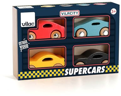 VILAC - Coffret de 4 Voitures Super Cars - Voiture et Garage en Bois - 4 Super Cars + 1 Coffret de Rangement en Bois - Jeux d'Eveil pour Enfant en Bois - Dès 3 Ans - 2369