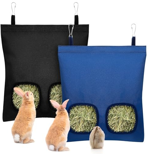 UPINS 2 bolsas de heno para conejos, soporte de heno de 2 agujeros, comedero de heno para chinchillas, conejos, hámsteres, mascotas pequeñas y animales