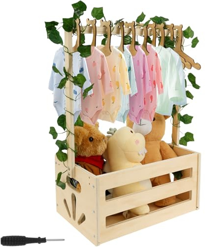 Babykorg 35 x 23 x 17 cm baby presentkorg trä med handtag babykorg för nyfödda med 10 x klädgalgar barn dusch gåva välkomstgåva för nybakade föräldrar