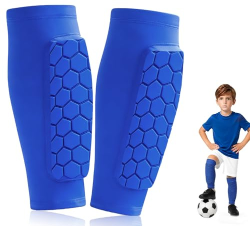 Garegce Football Shin Guards Pads, Defender with Honeycomb Compression Sleeve, Lightweight Shin Guards for Boys, Teenagers, Outdoor Sports Leg Protection with Impact Absorption – 1 Pair-Blue