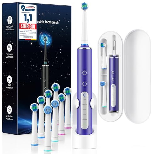 Spazzolino Elettrico Rotante per Adulti e Bambini con 3 Intensità e 5 Modalità, Electric Toothbrush con 8 Testine, Custodia da Viaggio, Impermeabile IPX7, Autonomia fino a 120 Giorni(Viola Scuro)