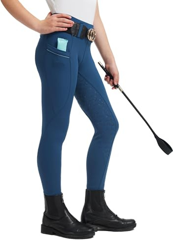 FitsT4 Sports Girls Horse Riding Pants Full Seat Silicone Girls Equestrian Pants Stretchy Kids Breeches Riding Tights Pockets Blue XL