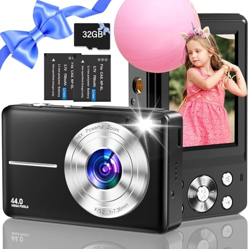 Digitalkamera, Nsoela Fotokamera Kompaktkamera mit 32GB Karte 44MP Fotoapparat 1080P HD Vlogging Kamera LCD-Bildschirm 16X Digitalzoom & 2 Batterien für Teenager,Anfänger (Schwarz)