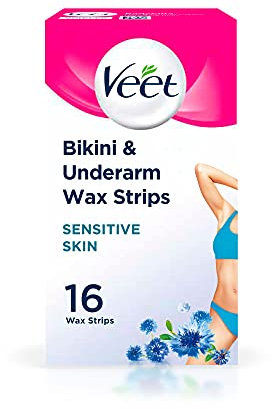 Veet Bikini and Underarm Cold Wax Strips for Sensitive Skin, 8 Double Sided Strips, Pack of 16