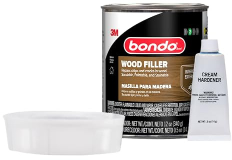Bondo Wood Filler 12 oz with Hardener 0.5 oz, Repairs Chips and Cracks in Wood, Sandable, Paintable, and Stainable