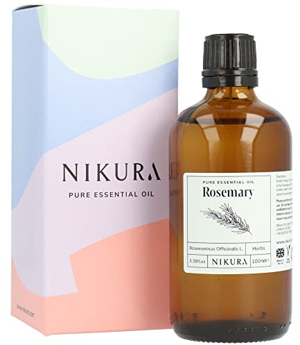 Nikura | Rosemary Oil for Hair Growth - 100ml | Pure Rosemary Essential Oil for Hair, Beard, Massage, Candles, Focus | Use in Aromatherapy Diffuser | Vegan, 100% Pure