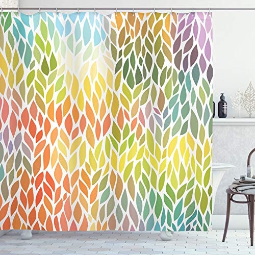 ABAKUHAUS Blätter Duschvorhang, Funky Blumen Bunt, Stoffliches Gewebe Badezimmerdekorationsset mit Haken, 175 x 180 cm, Gelb Mehrfarbig