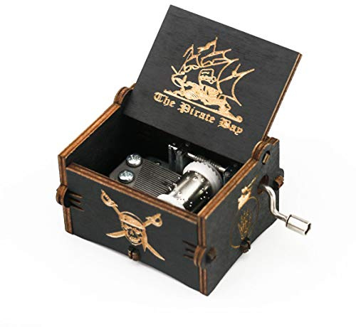 Caja de música Piratas del Caribe de madera tallada a mano, regalo musical, tema Davy Jones, negro