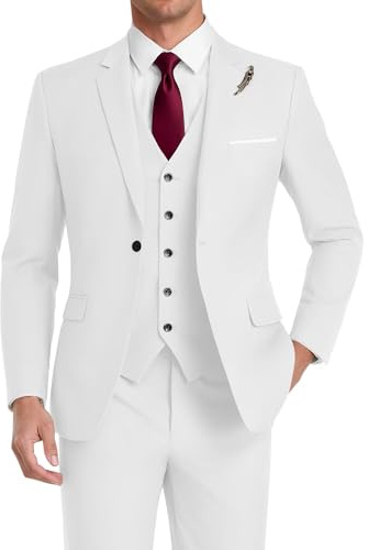 HUUTOE Costume 3 pièces élégant pour mariage, bal de fin d'année, affaires, blazer à un bouton, veste gilet et pantalon, smoking, pour homme, personnalisable, blanc, Taille L