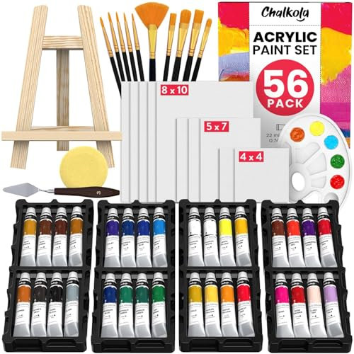 Chalkola Acrylic Paint Set for Adults & Kids - 56 Pcs Canvas Painting Kit with 32 Paints (22ml), 10 Brushes, 10 Canvases, Tabletop Easel, Palette - Professional Craft & Art Painting Supplies