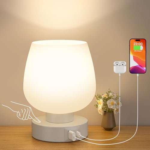 Kakanuo Nachttischlampe Touch Dimmbar, Tischlampe Weiße mit USB A+C Anschlüsse LED Birne, 3-fach Dimmbar, Kleine Glas Lampe Nachtlicht für Nachttisch Schlafzimmer Wohnzimmer Babyzimmer