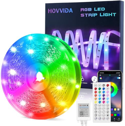 HOVVIDA Ruban LED 15M, 1 Rouleau, 30 LED/Mètre, 24V RVB Bande LED, 450 LED, APP et Télécommande, Synchronisation de la Musique, Mode Minuterie, pour Chambre, Salle de Jeux, Fête, Festival