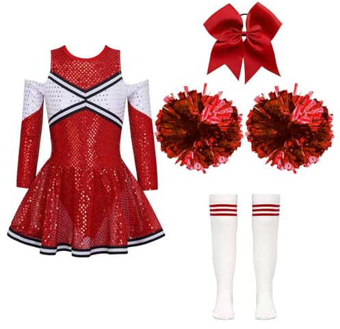 inhzoy Costume Cheer-Leader Bambina con Pompon Vestito Carnevale Cheerleading Monospalla Uniforme da Cheer-Leader con Copricapo Calzini Pom Pom Costume Cheer-Leader A Rosso 11-12 anni