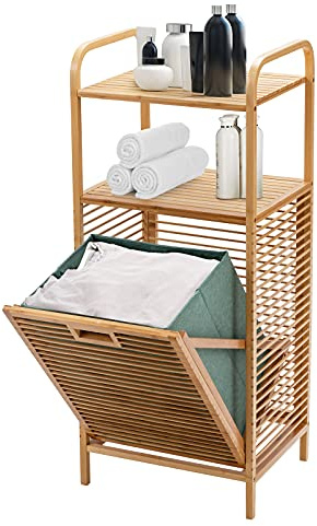 LIFEZEAL Cesto de mimbre para la colada, Armario de bambú para ropa sucia, estantería con caja extraíble para baño lavandería, 40,5x33x95,5 cm Natural