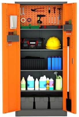 VCGGAIP Werkzeugschrank mit 2 Türen und 4 verstellbaren Regalen,Umweltfreundliche Pulverbeschichtung,Metallschrank Abschließbar (180 cm x 80 cm x 40 cm, Dunkelgrau und Orange)