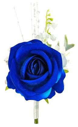 Floinla 1Pc Royal Blue & White Boutonniere for Men Wedding Prom Suit Flower