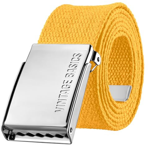 VINTAGE BASICS Unisex Stoffgürtel 130cm lang - 3,8cm breit - Herren und Damen Gürtel - Stufenlos verstellbarer Canvas Belt - Metallschnalle Gelb