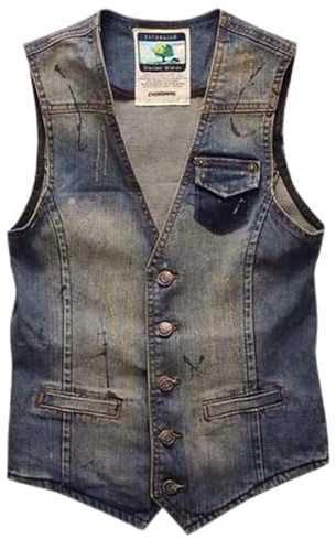 Gilets en jean pour homme UK | Gilet de cowboy noir classique à boutons multi-poches vintage classique gilet en jean délavé veste en jean col en V manteau de moto sans manches vêtements de sport
