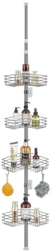 PORUGE Teleskop Duschregal, Duschregal ohne Bohren, 85-325 cm Höhenverstellbares Duschablage Ecke, Metall Eckregal Badezimmer Regal mit 4 Körben, Teleskopregal Bad für Dusche und Badewanne (Grau)